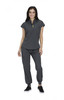 A grey women's scrubs set featuring a short-sleeve top with a pocket and matching pants. Includes a logo.