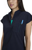 A navy blue top with a half-zip collar, featuring a pocket and a pen in the chest pocket. It has a logo.