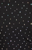 A patterned fabric featuring a black background with multicoloured diamond-shaped and triangular sparkles.