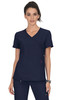 A navy blue scrubs top with a V-neck and short sleeves, featuring a logo and pink accents.