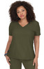 A top in olive green featuring a v-neck design and short sleeves, with a logo on the fabric.