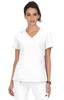 A white medical top with short sleeves features a wrap design and side pockets. It includes a logo on the sleeve.