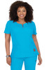 A turquoise medical top with short sleeves, featuring two front pockets and a zip detail. It has a visible logo.