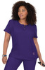 A purple medical scrub top with a round neckline, short sleeves, and two front pockets. The top features a logo.