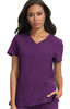 A purple medical scrubs top with a V-neck design and front pockets, featuring a logo on the side.