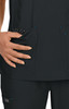 A black medical scrubs top with two front pockets, featuring a textured pattern on one pocket and blue detailing.