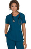 A scrubs top in teal, featuring a V-neck design and two front pockets, paired with a stethoscope.