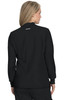 A black jacket featuring a high collar and long sleeves, showcasing a minimalist design with a logo on the back.