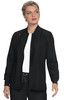A black jacket with a zip front, long sleeves, and a stylish, relaxed fit. It features a logo on one side.