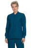 A teal jacket with a zip front, featuring a round neckline and two front pockets, worn by a model.