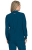 A teal jacket with long sleeves and a back slit, featuring a logo on the back.