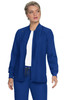 A blue jacket with a straight cut and long sleeves, worn by a model. The jacket features a logo.