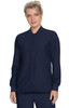 A navy blue jacket featuring a zip front, standing collar, and two front pockets. It has a logo on the upper left.