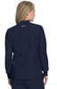 A navy jacket with a high collar and long sleeves, featuring a branding logo on the back.