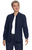 A navy blue jacket with a zip front, long sleeves, and side pockets, featuring a logo on the upper left.