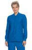 A woman models a vibrant blue jacket with a zip-up front, featuring two side pockets and a logo.