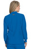 A blue jacket with a collar and long sleeves, featuring a logo on the back.