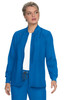 A woman wearing a fitted blue jacket, with a simple design and a standing collar, stands against a white background.