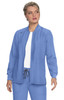A light blue jacket with a zip front and ribbed cuffs, featuring a logo on the upper left side.