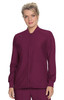 A maroon zip-up jacket with long sleeves, featuring a small logo on the chest and side pockets.