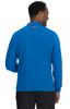 A blue jacket with a collar and long sleeves, featuring a back view of a man wearing it. The jacket has a logo.