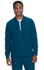 A teal jacket with a zip closure, featuring a logo, worn by a smiling model.