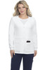 A white sweater featuring a V-neck, buttons, and front pockets, displayed on a model.