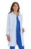 A light blue lab coat with floral trim, worn by a woman, featuring buttons and side pockets.