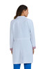 A white lab coat with patterned sleeves, featuring a fitted design and a back vent. It has a logo on the front.