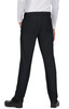 Black pants are shown from the back, featuring a relaxed fit and pockets, worn with a long-sleeved white shirt.