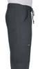 A pair of dark grey cargo pants featuring side pockets and an elastic waistband with a drawstring.