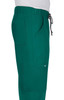 A pair of teal pants with an elastic waistband and pockets, featuring a drawstring detail.