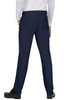 A pair of navy blue pants with an elastic waistband and pockets, viewed from the back.