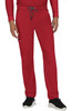 Red pants with an adjustable drawstring waist, featuring multiple pockets. Worn with a long-sleeve top and sneakers.