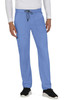 Light blue pants with a drawstring waist and multiple pockets, featuring a logo on the side.