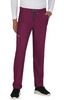 A pair of maroon pants with an elastic waistband and side pockets, featuring a drawstring and a logo.