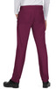 A pair of maroon pants with a stretchy waistband and back pockets, facing away from the viewer.