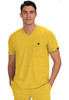 A yellow V-neck top featuring a chest pocket and a logo on the sleeve, worn by a man.