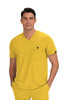 A yellow men's top featuring a V-neck and a chest pocket. The product includes a logo on the sleeve.