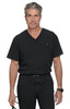 A man in a black V-neck scrub top stands confidently, wearing black trousers and holding glasses. The outfit features a pocket and branding.