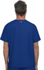 A blue t-shirt is displayed, featuring a plain back with a small logo at the top.