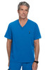 A blue medical scrub top with a v-neck design and a chest pocket. The model has grey hair and wears a watch.