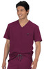 A maroon medical scrubs top with a V-neck design and a pocket on the left side. Features a drawstring waist.