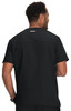 A back view of a black shirt worn by a person, featuring short sleeves and a sleek design.