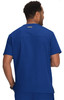 A man wearing a blue scrub top seen from the back, featuring a logo on the upper back.