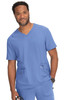 A blue medical scrub top with a v-neck design, featuring two front pockets and a logo on the shoulder.