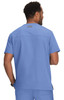 A medical scrub top in light blue with a back detail and a logo on the neckline, worn by a person from behind.