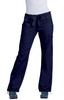 Navy blue pants with a drawstring waist and cargo pockets, featuring a logo. Flat front and relaxed fit design.