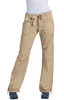 A pair of beige pants with a drawstring, featuring pockets and a slight flared design.