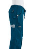 A pair of teal pants with multiple pockets and a logo, displayed from the side.